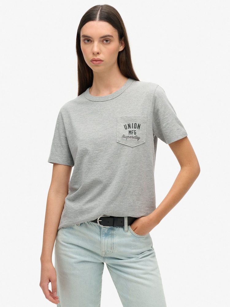 Superdry Grey Workwear Embroider Pocket 100% Cotton T-Shirt - Image 1 of 3