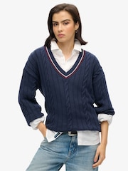 Superdry Blue Oversized V-Neck Cricket Knit Jumper - Image 1 of 3