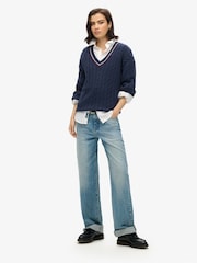 Superdry Blue Oversized V-Neck Cricket Knit Jumper - Image 2 of 3