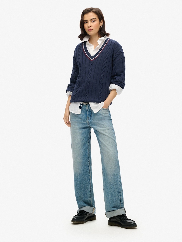 Superdry Blue Oversized V-Neck Cricket Knit Jumper - Image 2 of 3