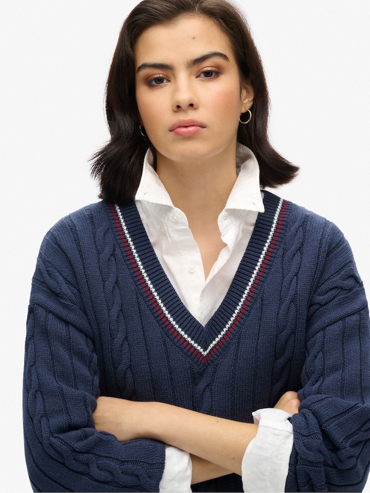 Superdry Blue Oversized V-Neck Cricket Knit Jumper - Image 3 of 3