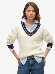 Superdry Cream Oversized V-Neck Cricket Knit Jumper - Image 1 of 3