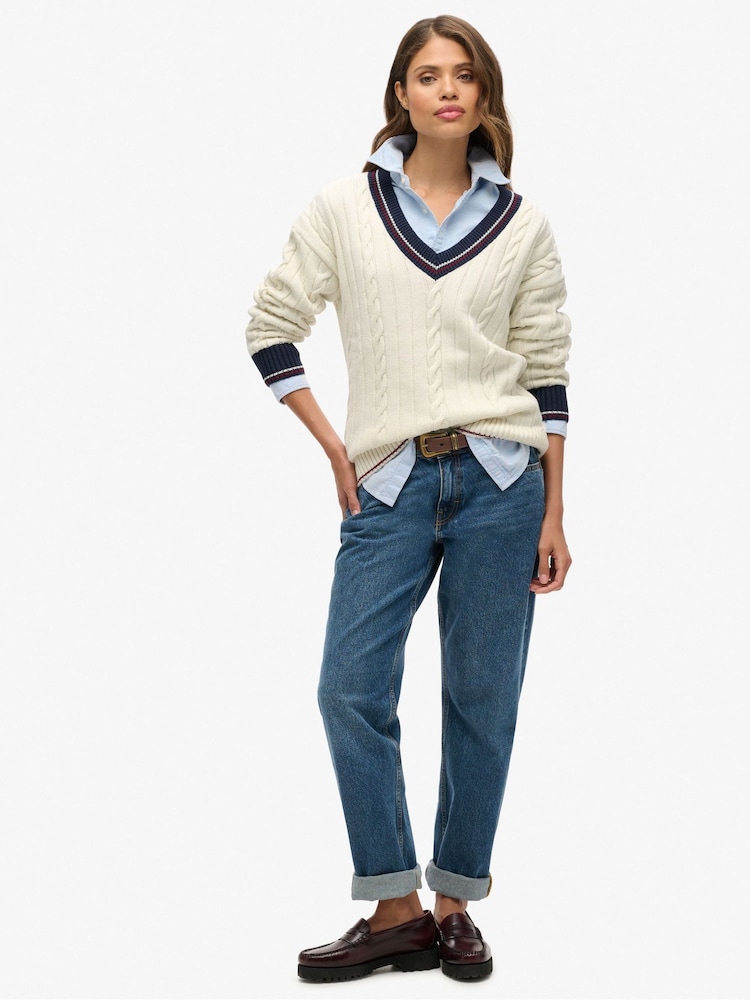 Superdry Cream Oversized V-Neck Cricket Knit Jumper - Image 2 of 3