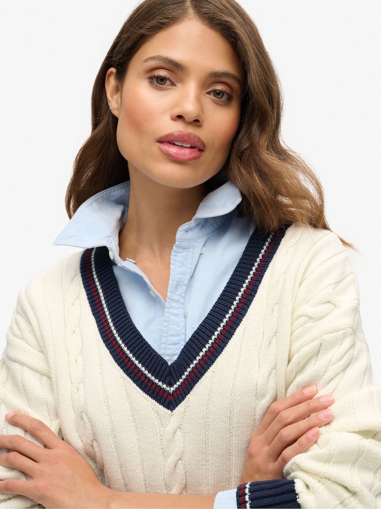 Superdry Cream Oversized V-Neck Cricket Knit Jumper - Image 3 of 3