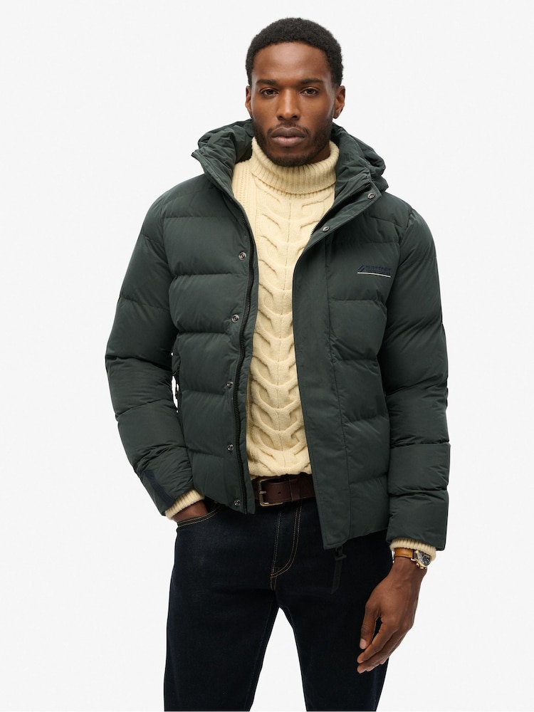 Superdry Green Hooded Microfibre Sports Puffer Jacket - Image 1 of 4