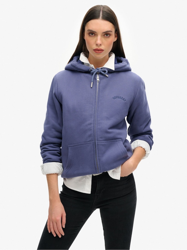Superdry Blue Borg Lined Zip 100% Cotton Hoodie - Image 1 of 3