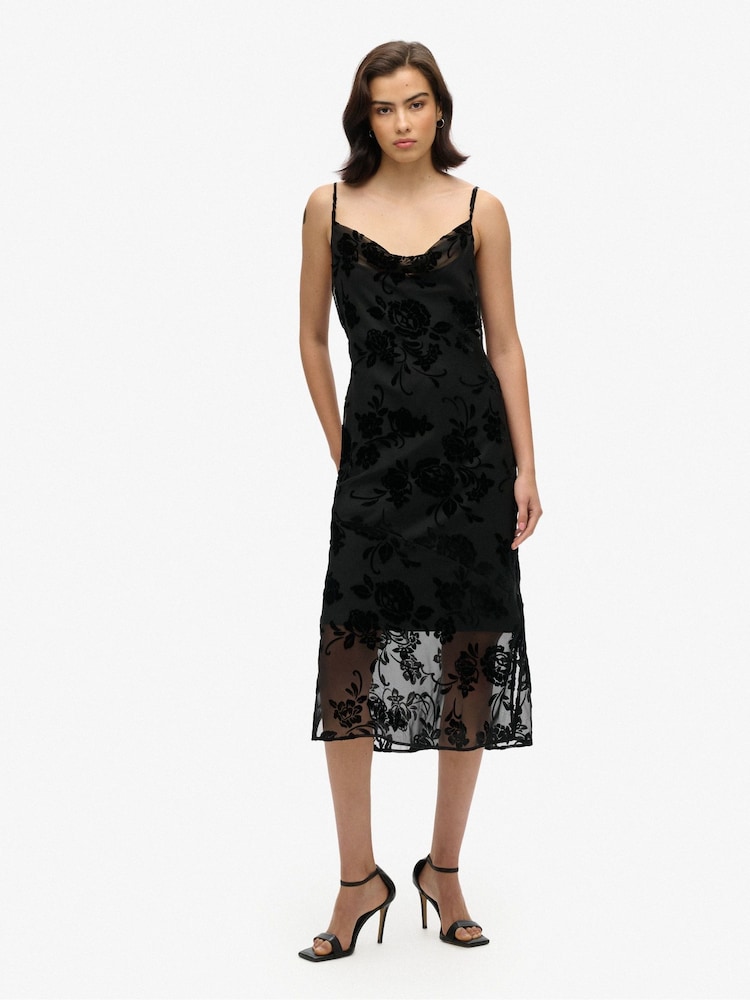 Superdry Black Devore Cowl Neck Midi Slip Dress - Image 1 of 3