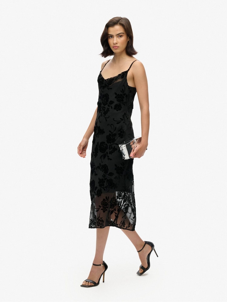 Superdry Black Devore Cowl Neck Midi Slip Dress - Image 2 of 3