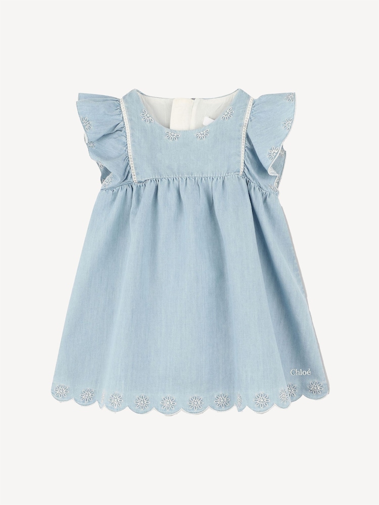 Chloé Baby Blue Logo Scalloped Chambray Dress and Hat Set - Image 1 of 4