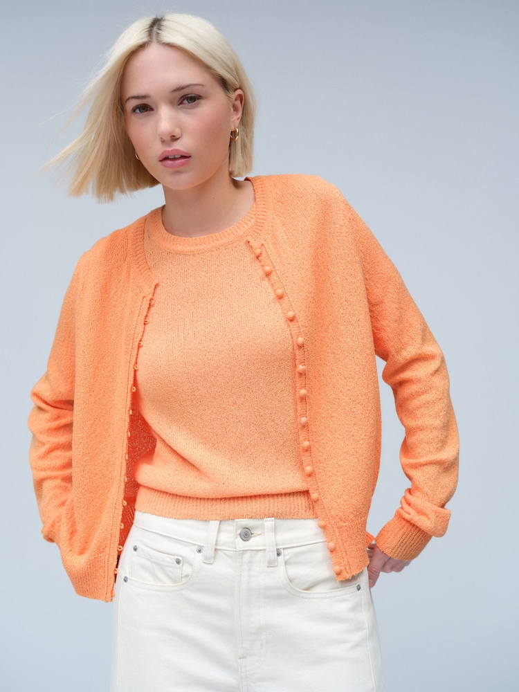 Orange Textured Skinny Rib Crew Neck Cardigan - Image 1 of 8