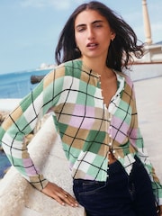 Green Argyle Check Textured Skinny Rib Crew Neck Cardigan - Image 1 of 7
