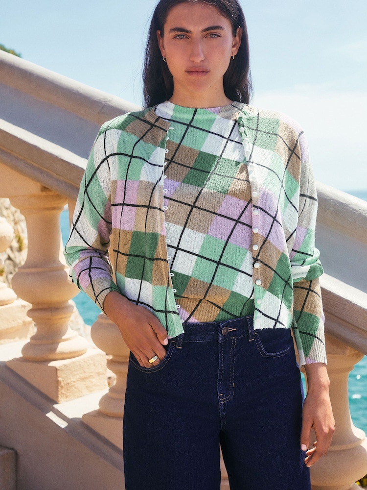 Green Argyle Check Textured Skinny Rib Crew Neck Cardigan - Image 2 of 7