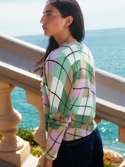 Green Argyle Check Textured Skinny Rib Crew Neck Cardigan - Image 3 of 7