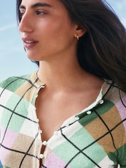 Green Argyle Check Textured Skinny Rib Crew Neck Cardigan - Image 4 of 7