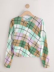 Green Argyle Check Textured Skinny Rib Crew Neck Cardigan - Image 5 of 7