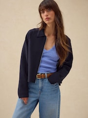 Navy Blue Smart Zip Through Knitted Collar Jacket - Image 1 of 8
