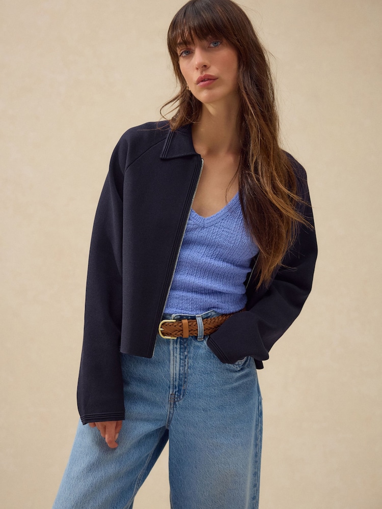 Navy Blue Smart Zip Through Knitted Collar Jacket - Image 1 of 8