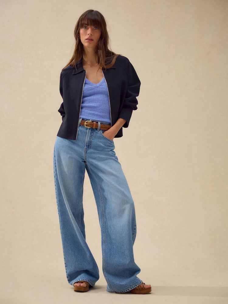 Navy Blue Smart Zip Through Knitted Collar Jacket - Image 2 of 8