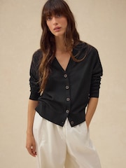 Black Soft Touch V-Neck Button Up Cardigan with Cotton - Image 1 of 6