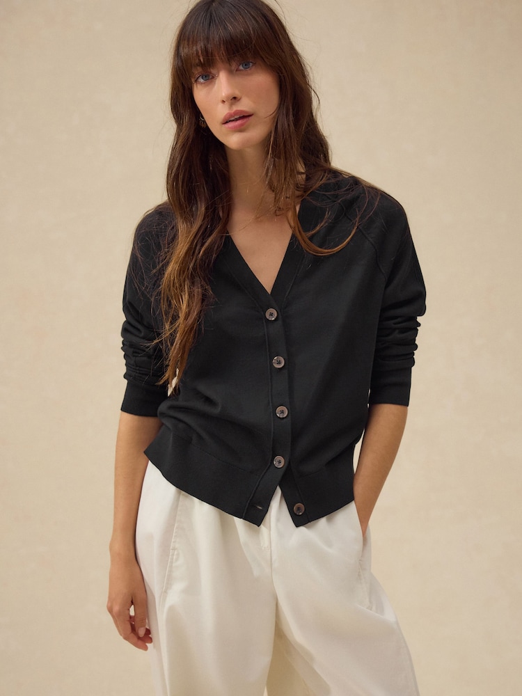 Black Soft Touch V-Neck Button Up Cardigan with Cotton - Image 1 of 6