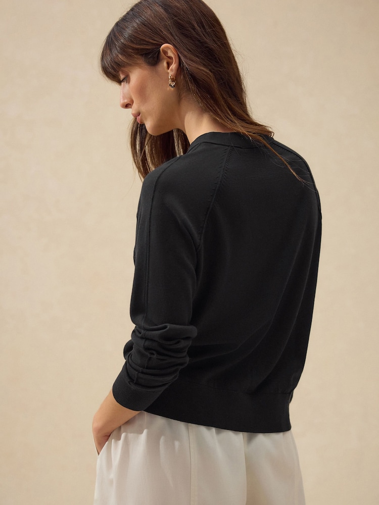 Black Soft Touch V-Neck Button Up Cardigan with Cotton - Image 2 of 6