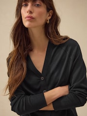 Black Soft Touch V-Neck Button Up Cardigan with Cotton - Image 3 of 6