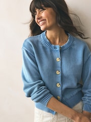 Blue Cotton Washed Crew Neck Cardigan - Image 1 of 7