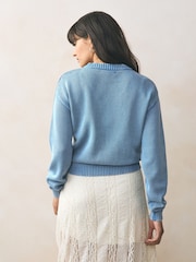 Blue Cotton Washed Crew Neck Cardigan - Image 2 of 7