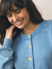 Blue Cotton Washed Crew Neck Cardigan - Image 3 of 7