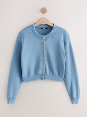 Blue Cotton Washed Crew Neck Cardigan - Image 5 of 7