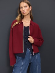 Burgundy Red Smart Zip Through Knitted Collar Jacket - Image 2 of 8