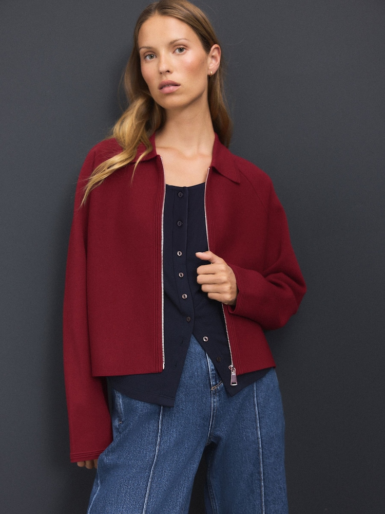 Burgundy Red Smart Zip Through Knitted Collar Jacket - Image 2 of 8
