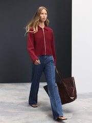 Burgundy Red Smart Zip Through Knitted Collar Jacket - Image 3 of 8