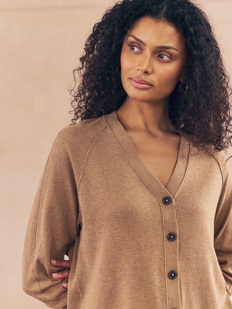 Camel Brown Soft Touch V-Neck Cotton Rich Button Up Cardigan - Image 5 of 5