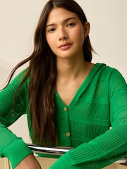 Green Bright Lightweight Mesh Stitch Hooded Cardigan - Image 1 of 8