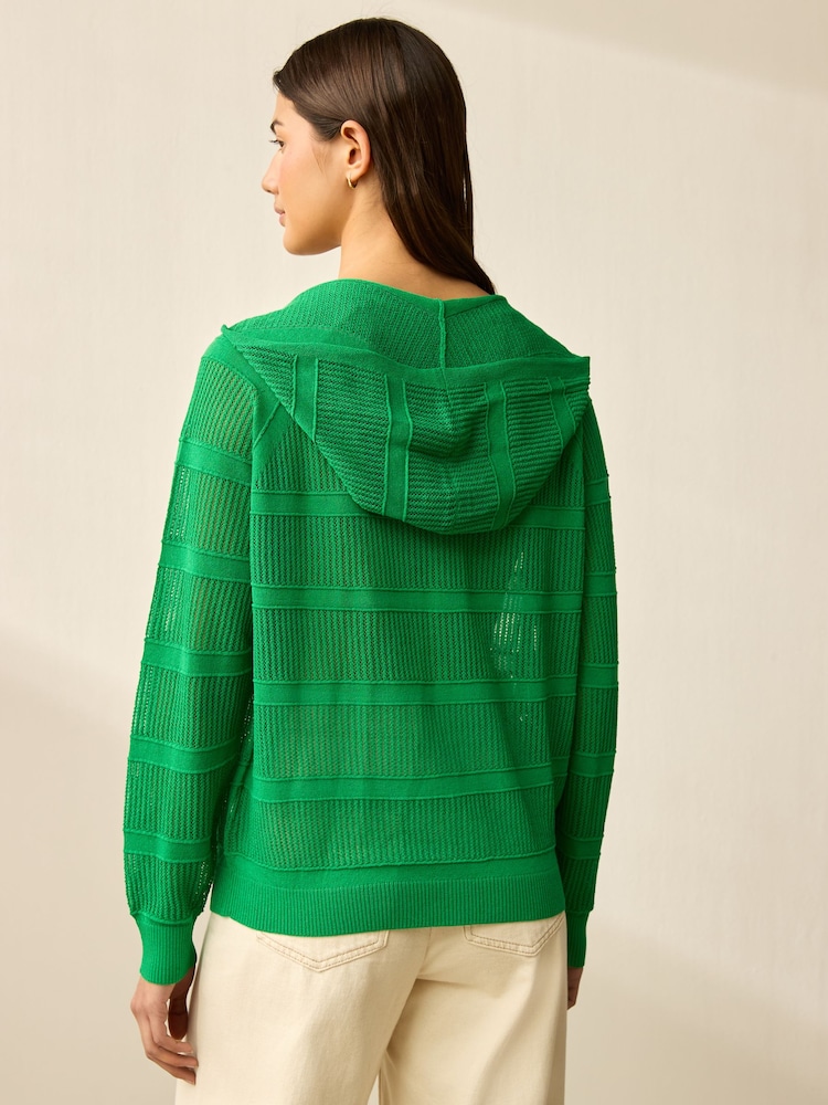 Green Bright Lightweight Mesh Stitch Hooded Cardigan - Image 2 of 8