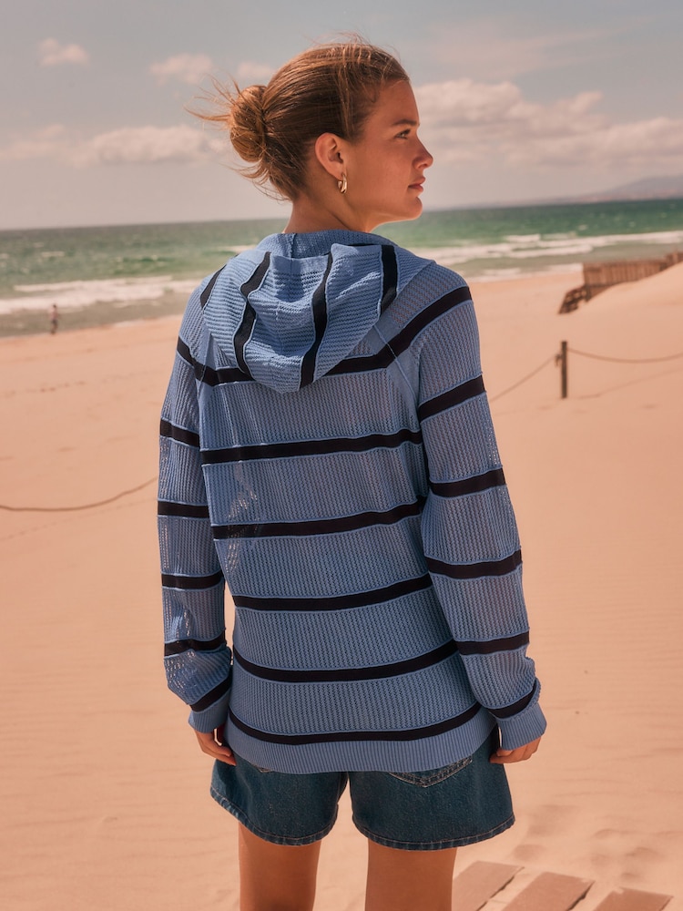 Blue Stripe Lightweight Mesh Stitch Hooded Cardigan - Image 2 of 7