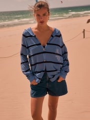 Blue Stripe Lightweight Mesh Stitch Hooded Cardigan - Image 3 of 7