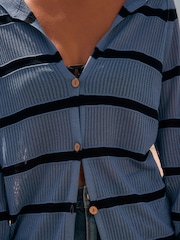 Blue Stripe Lightweight Mesh Stitch Hooded Cardigan - Image 4 of 7