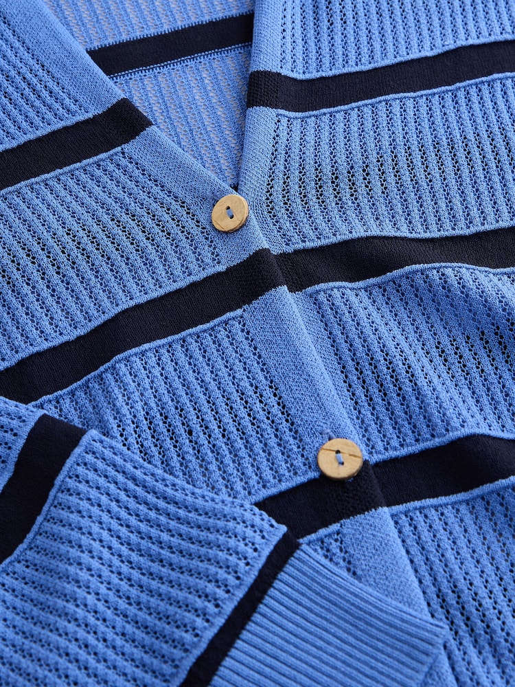 Blue Stripe Lightweight Mesh Stitch Hooded Cardigan - Image 7 of 7