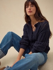 Azul marinho - Cardigan de algodão com ponto frontal amarrado - Imagem 1 de 8