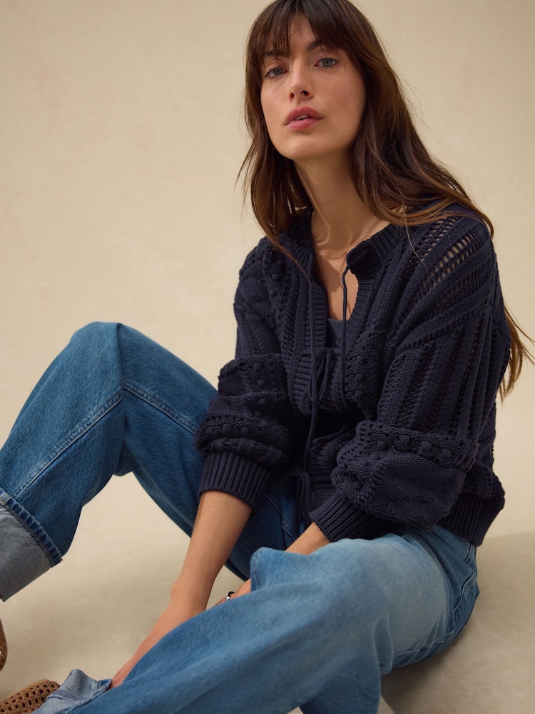 Navy Blue Cotton Tie Front Stitch Cardigan - Image 1 of 8 Navy Blue Cotton Tie Front Stitch Cardigan - Image 1 of 8