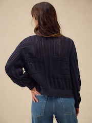 Azul marinho - Cardigan de algodão com ponto frontal amarrado - Imagem 2 de 8