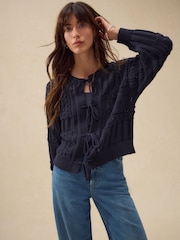 Azul marinho - Cardigan de algodão com ponto frontal amarrado - Imagem 4 de 8