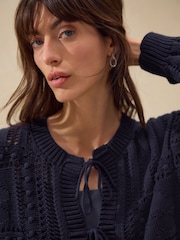 Azul marinho - Cardigan de algodão com ponto frontal amarrado - Imagem 5 de 8
