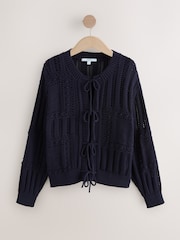 Azul marinho - Cardigan de algodão com ponto frontal amarrado - Imagem 6 de 8