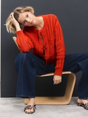 Orange Red Cotton Tie Front Stitch Cardigan - Image 1 of 7
