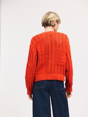 Orange Red Cotton Tie Front Stitch Cardigan - Image 3 of 7