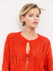 Orange Red Cotton Tie Front Stitch Cardigan - Image 4 of 7