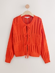 Orange Red Cotton Tie Front Stitch Cardigan - Image 5 of 7